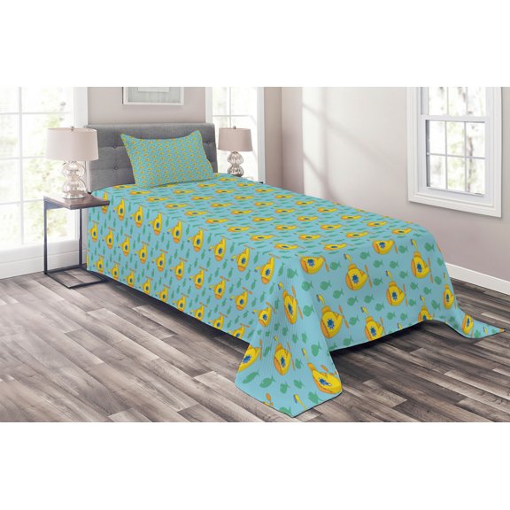 Ambesonne Yellow Submarine Quilted Coverlet 2 Pcs, Aqua Art Fish, Twin Size, Aqua Yellow