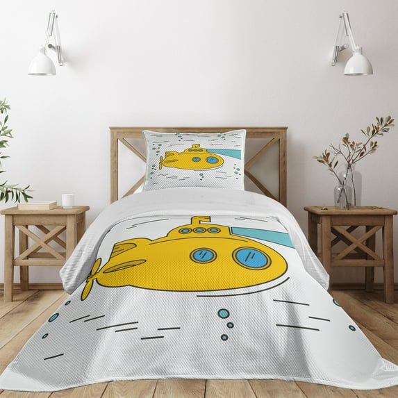 Ambesonne Yellow Submarine Quilted Coverlet 2 Pcs, Ocean Bubbles, Twin Size, White Yellow Blue