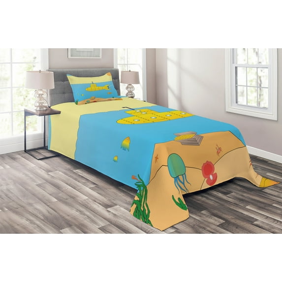 Ambesonne Yellow Submarine Quilted Coverlet 2 Pcs, Sea Creatures, Twin Size, Blue Yellow Beige