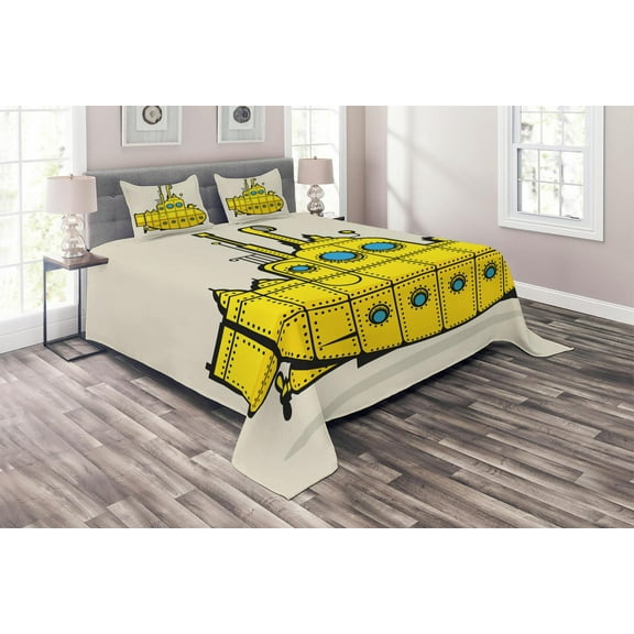 Ambesonne Yellow Submarine Quilted Coverlet 3 Pcs, Grunge Style, King Size, Grey Yellow Blue