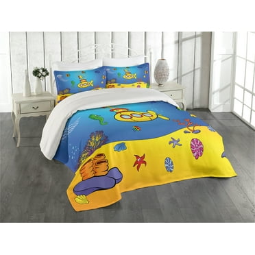 Ambesonne Yellow Submarine Quilted Coverlet 3 Pcs, Nautical, King Size, Blue Yellow