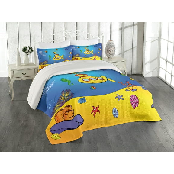 Ambesonne Yellow Submarine Quilted Coverlet 3 Pcs, Nautical, Queen Size, Blue Yellow