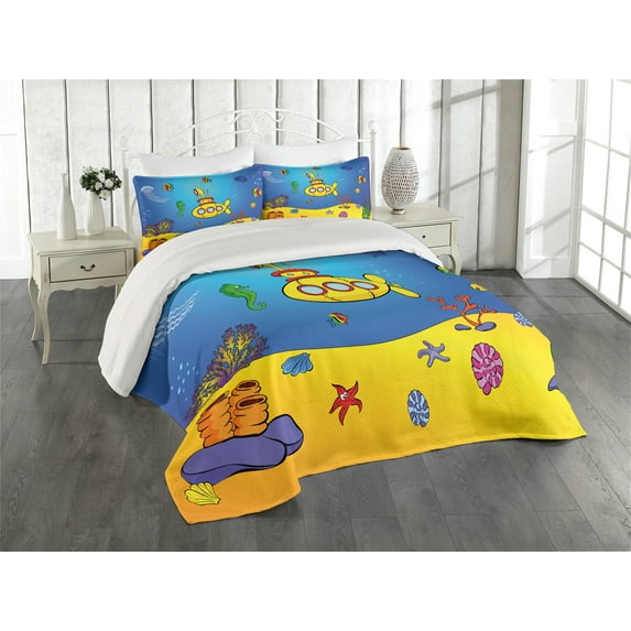 Ambesonne Yellow Submarine Quilted Coverlet 3 Pcs, Nautical, Queen Size, Blue Yellow