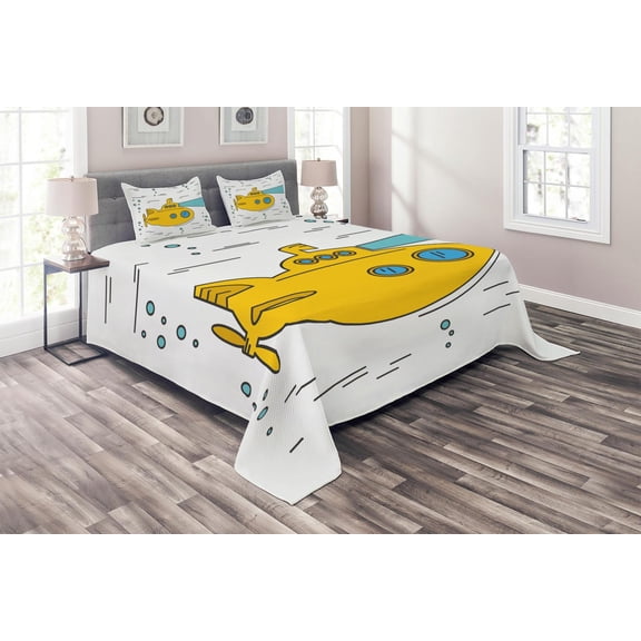 Ambesonne Yellow Submarine Quilted Coverlet 3 Pcs, Ocean Bubbles, Queen Size, White Yellow Blue
