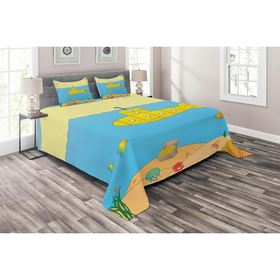 Ambesonne Yellow Submarine Quilted Coverlet 3 Pcs, Sea Creatures, Queen Size, Blue Yellow Beige