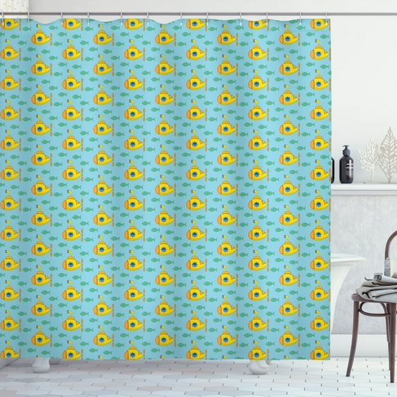 Ambesonne Yellow Submarine Shower Curtain, Aqua Art Fish, 69"Wx70"L, Aqua Yellow