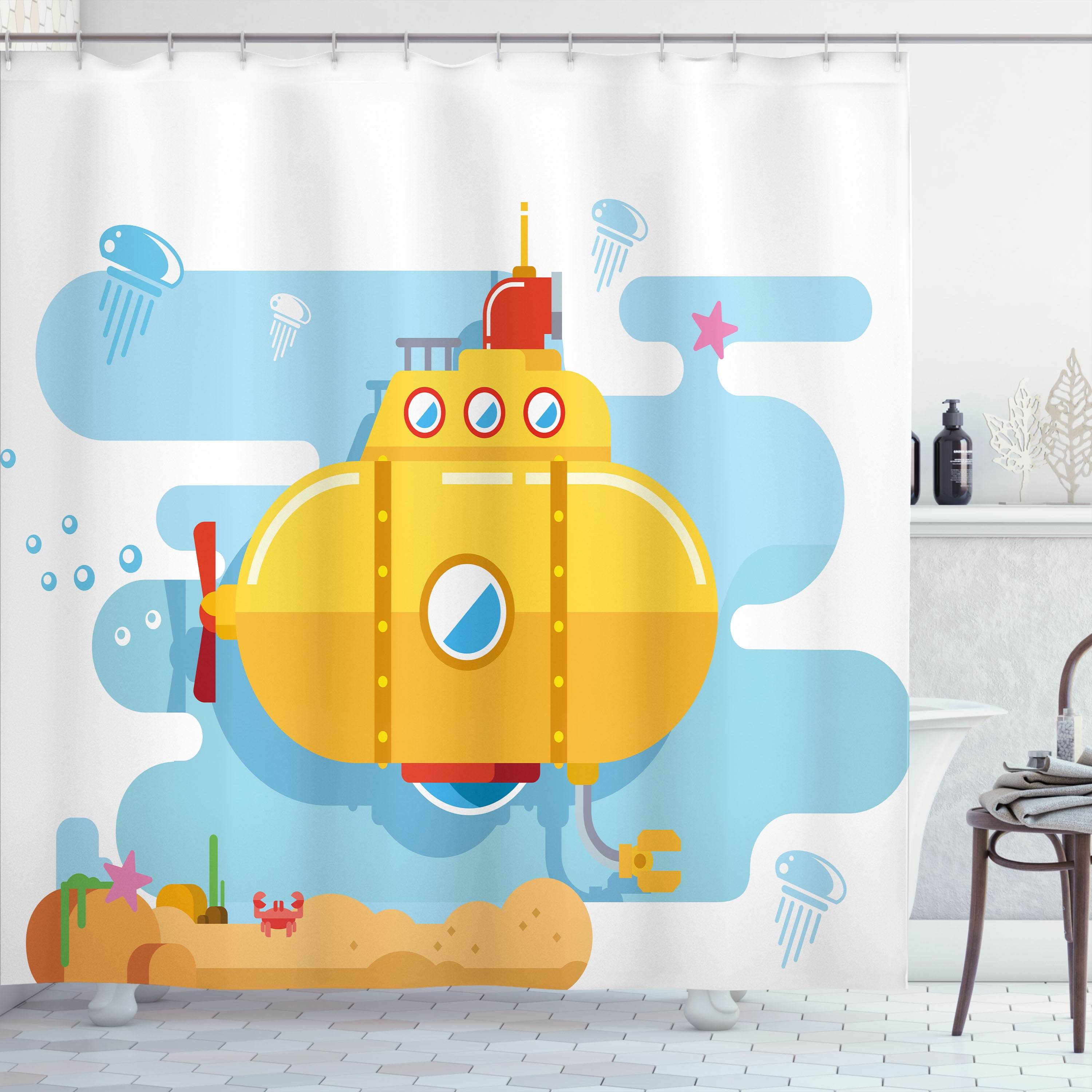 Ambesonne Yellow Submarine Shower Curtain, Crab Starfish, 69"Wx84"L