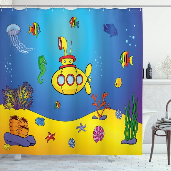 Ambesonne Yellow Submarine Shower Curtain, Nautical, 69"Wx70"L, Blue Yellow