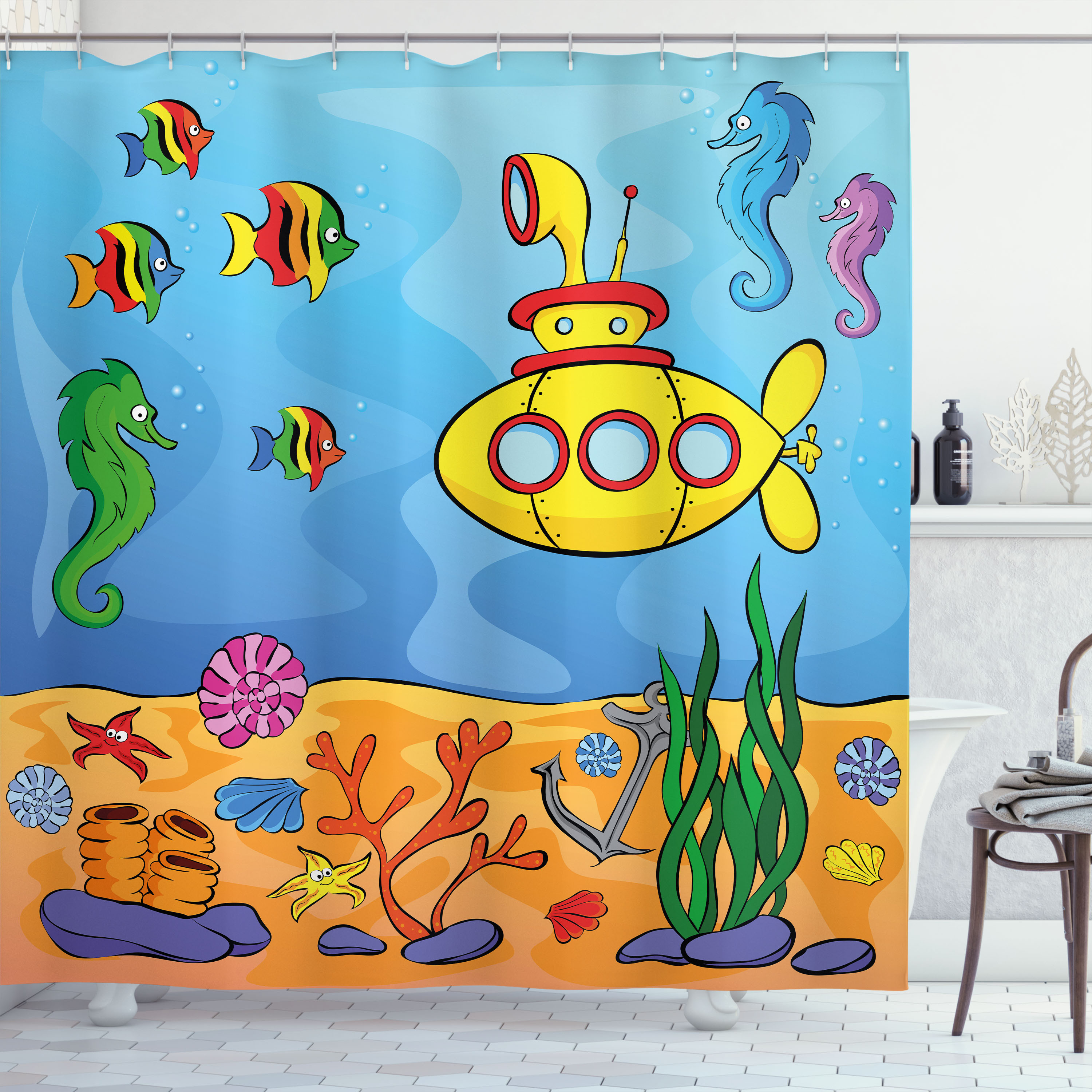 Ambesonne Yellow Submarine Shower Curtain, Submarine Seahorse, 69"Wx70