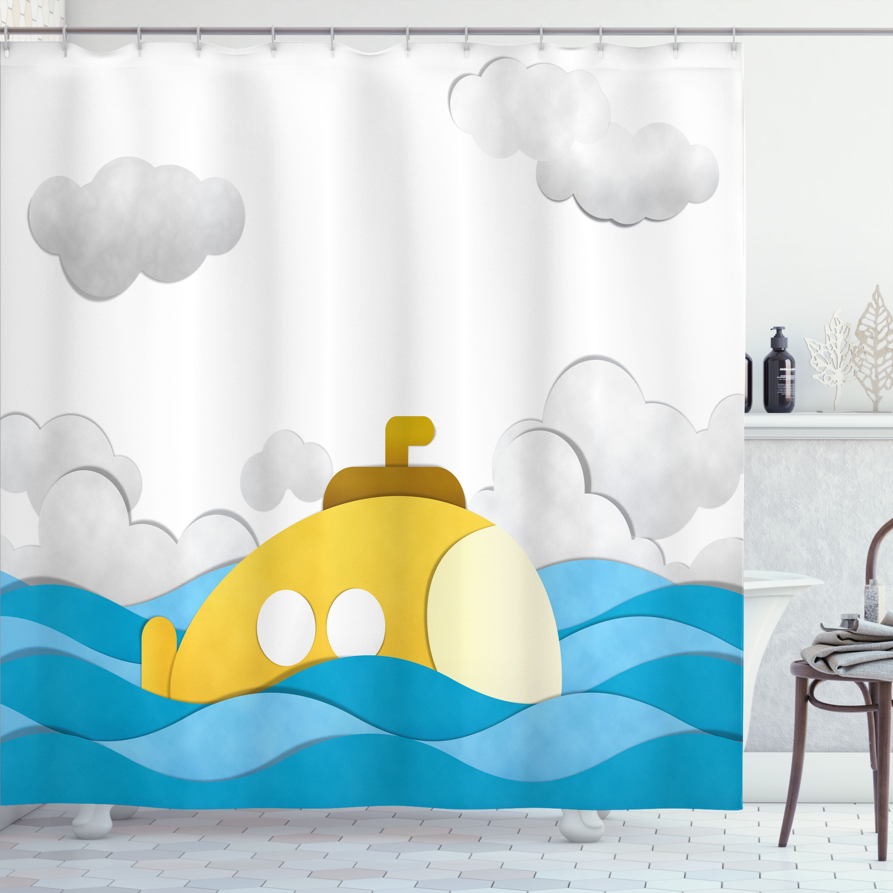 Ambesonne Yellow Submarine Shower Curtain, Wavy Sea Sky, 69"Wx75"L