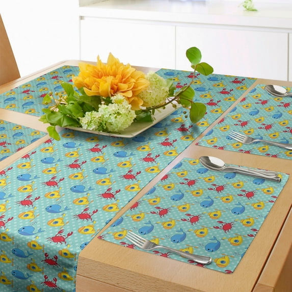 Ambesonne Yellow Submarine Table Runner & Placemats, Whales Crabs, Placemat 4 pcs + Runner 12"x72", Aqua and Mustard