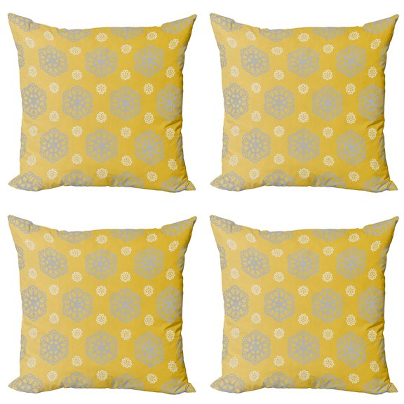 Ambesonne Yellow Throw Pillow Cover 4 Pack, Bohemic Flowers, 24", Blue Grey Marigold
