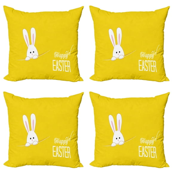 Ambesonne Yellow Throw Pillow Cover 4 Pack, Easter Rabbit Bunny, 18", Yellow White