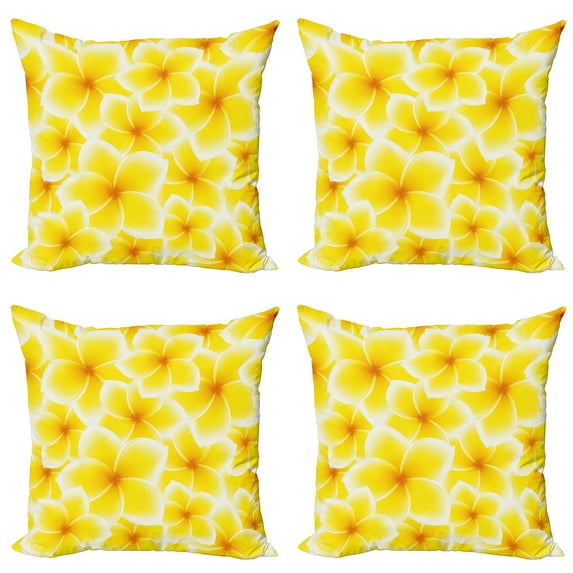 Ambesonne Yellow Throw Pillow Cover 4 Pack, Plumeria Flower Blossoms, 20", Yellow and White