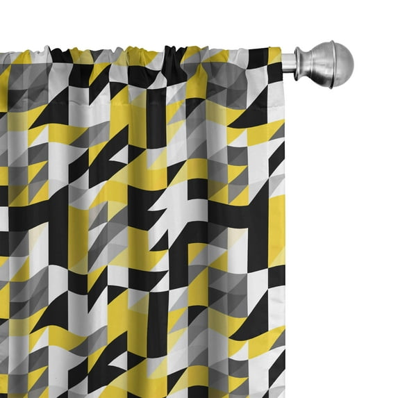 Ambesonne Yellow White Window Curtains, Squares and Houndstooh, Each 28" W x 84" L, Yellow Grey Black