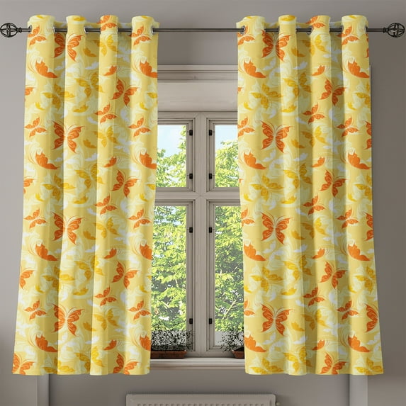 Ambesonne Yellow White Grommet Curtain, Swirled Butterfly, 50" x 54", Earth Yellow Orange