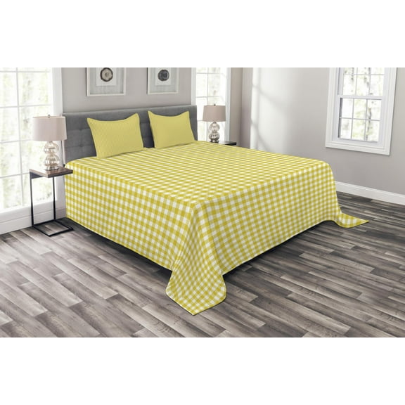 Ambesonne Yellow White Quilted Bedspread Set 3 Pcs, Summer Squares, King Size, Yellow White