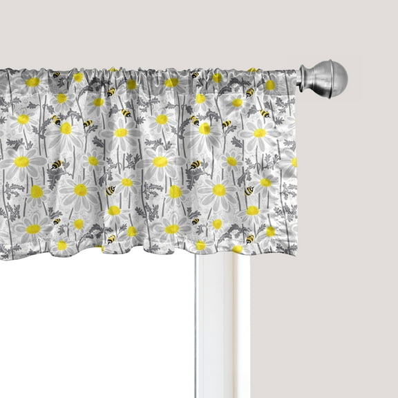 Ambesonne Yellow Window Valance, Bees Chamomile Meadow, 54" X 12", Grey Yellow White