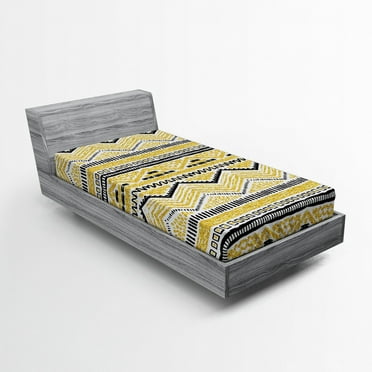 Ambesonne Yellow and Black Fitted Sheet, Zig Zag Lines, Twin XL Size, Yellow Black and White