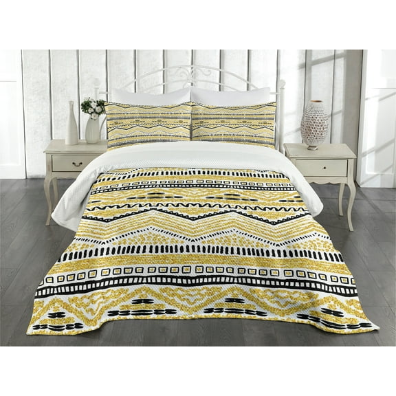 Ambesonne Yellow and Black Quilted Bedspread Set 3 Pcs, Zig Zag Lines, Queen Size, Yellow Black and White
