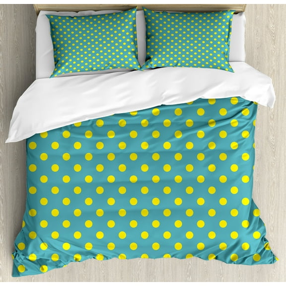 Ambesonne Yellow and Blue Duvet Cover Sets, Nostalgic Dots, 2-King, Teal Yellow