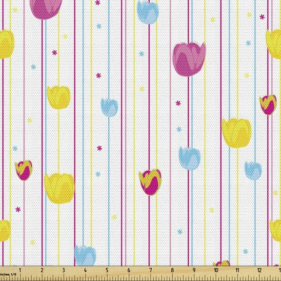 Ambesonne Yellow and Blue Fabric by the Yard Upholstery, Stripes Tulips, 10 Yards, Pink Yellow Pale Blue