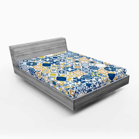 Ambesonne Yellow and Blue Fitted Sheet, Mosaic Azulejo, Queen Size, Violet Blue Mustard