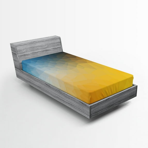 Ambesonne Yellow and Blue Fitted Sheet, Polygon Fractal, Twin Size, Slate Blue Marigold