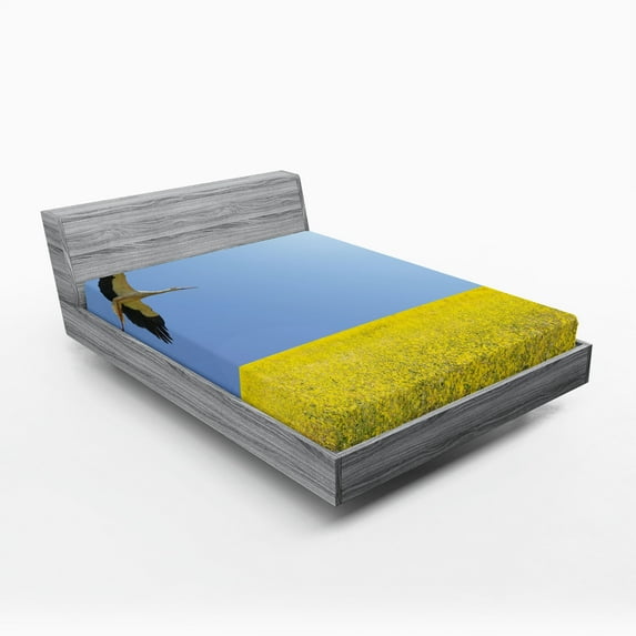 Ambesonne Yellow and Blue Fitted Sheet, Stork Flying, Full Size, Multicolor