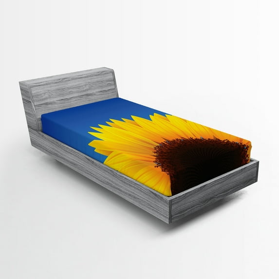 Ambesonne Yellow and Blue Fitted Sheet, Sunflower Leaf Dots, Twin XL Size, Dark Brown Yellow