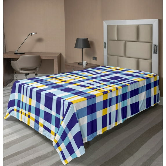 Ambesonne Yellow and Blue Flat Sheet, Scottish Tartan, Twin Size, Pale Violet Blue
