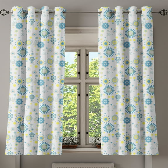 Ambesonne Yellow and Blue Grommet Curtain, Floral Scrapbook, 50" x 54", Blue Yellow Pale Grey