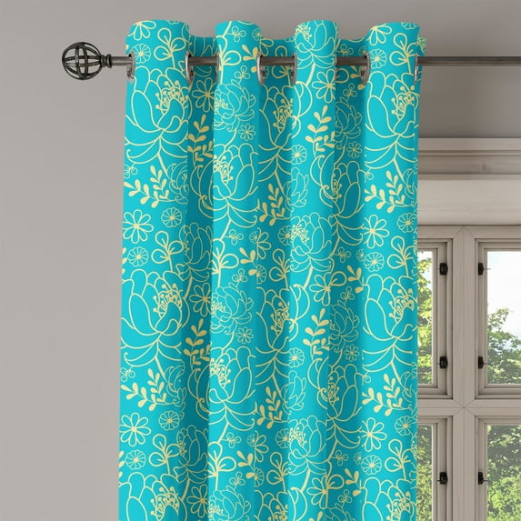 Ambesonne Yellow and Blue Grommet Curtain Single Panel, Twig and Leaves, 50"x60", Turquoise Pale Yellow