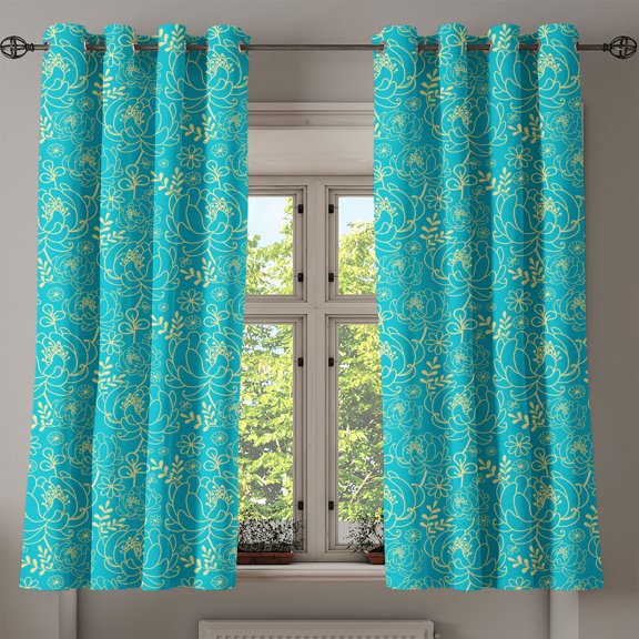 Ambesonne Yellow and Blue Grommet Curtain, Twig and Leaves, 50" x 63", Turquoise Pale Yellow