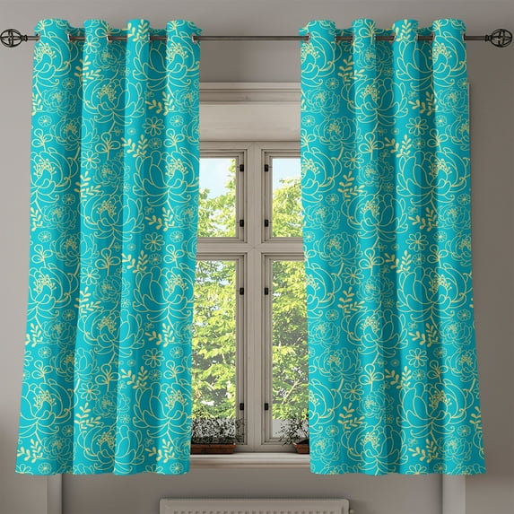 Ambesonne Yellow and Blue Grommet Curtain, Twig and Leaves, 50" x 63", Turquoise Pale Yellow