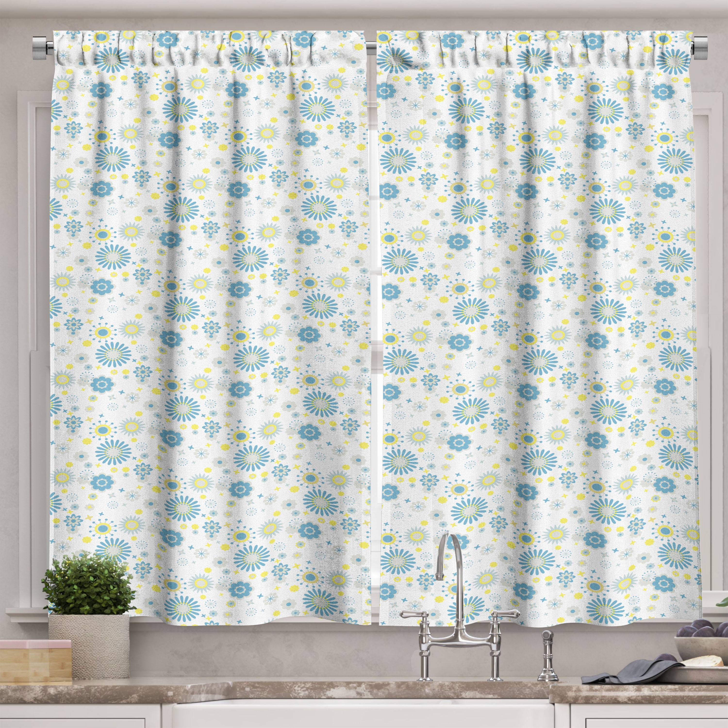 Ambesonne Yellow and Blue Kitchen Curtains, Floral Scrapbook, 55"x39