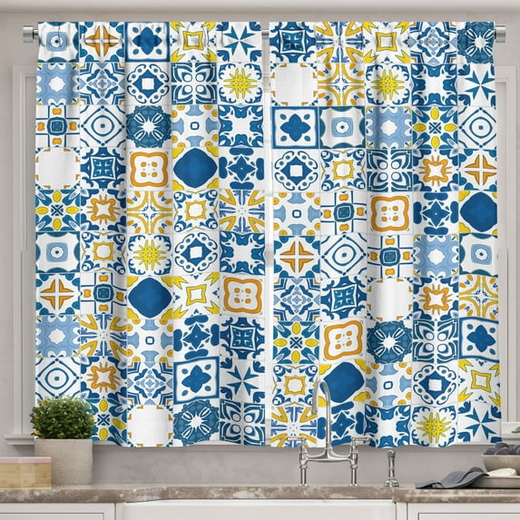 Ambesonne Yellow and Blue Kitchen Curtains, Mosaic Azulejo, 55"x45", Violet Blue Mustard
