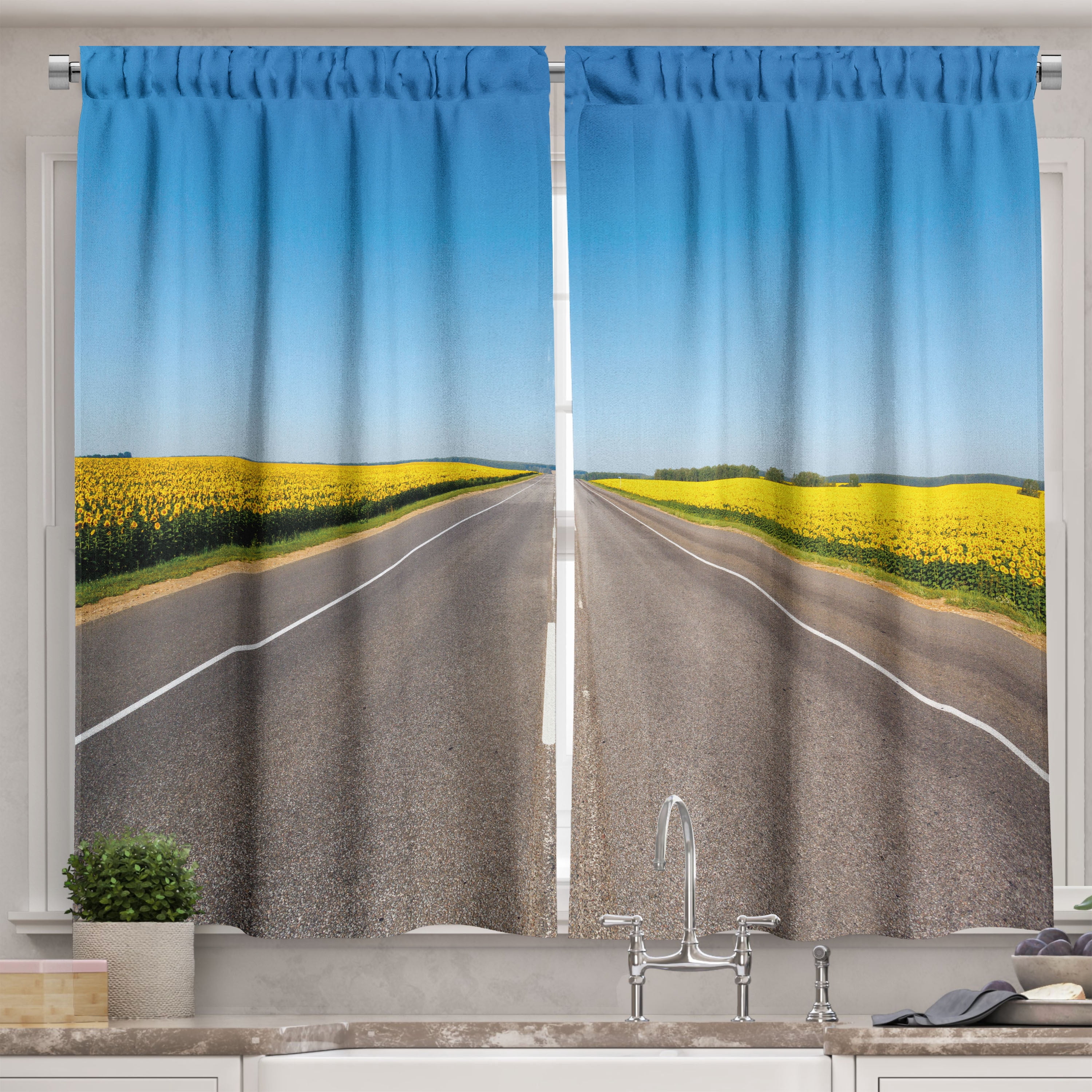 Ambesonne Yellow and Blue Kitchen Curtains, Sunflowers Road, 55"x39