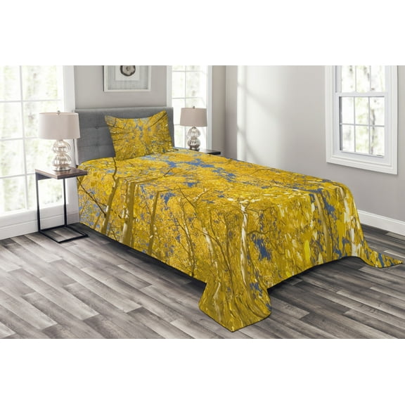 Ambesonne Yellow and Blue Quilted Bedspread Set 2 Pcs, Aspen Trees, Twin Size, Yellow