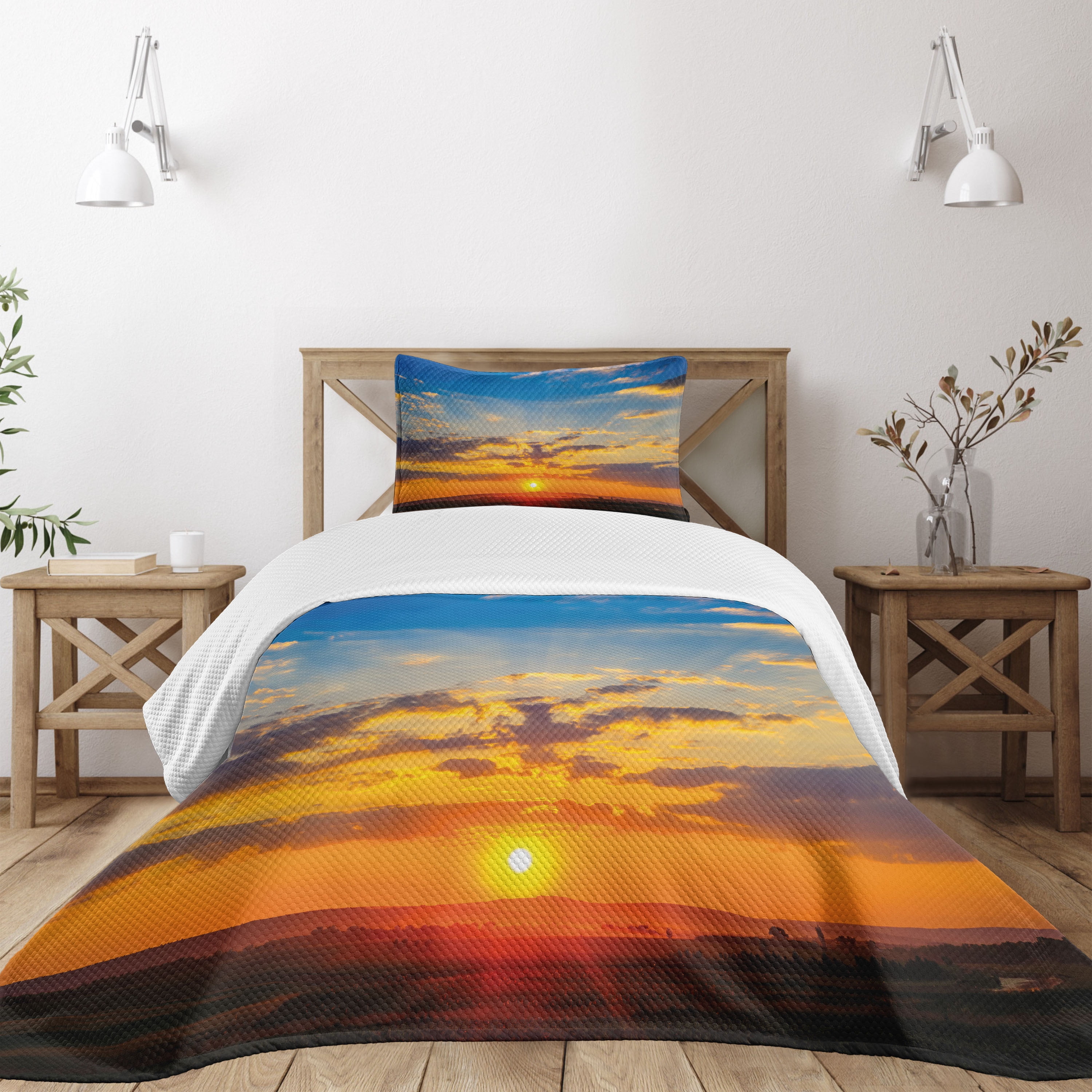 Twin Blue Polyester Quilted Bedspread Set with Sunset Design