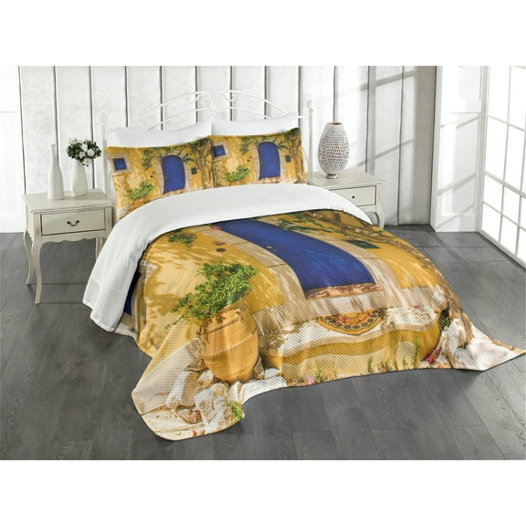 Ambesonne Yellow and Blue Quilted Bedspread Set 2 Pcs, Greek House, Twin Size, Multicolor