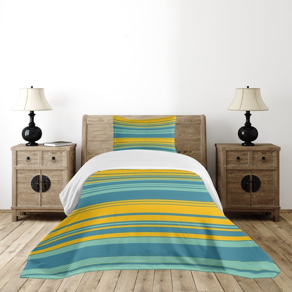 Ambesonne Yellow and Blue Quilted Bedspread Set 2 Pcs, Horizontal Modern, Twin Size, Teal Turquoise