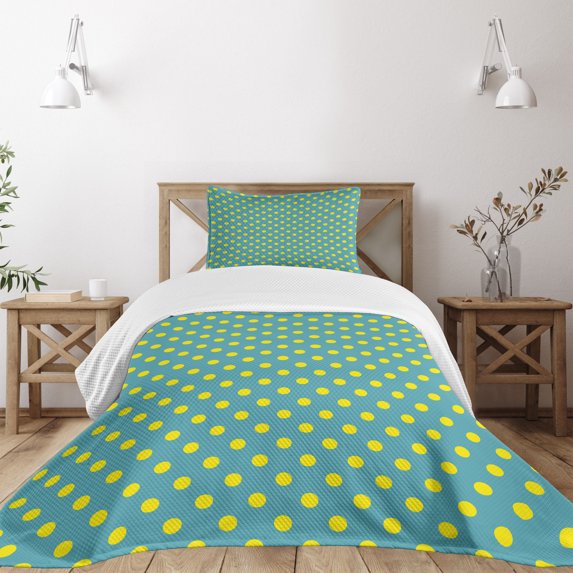 Ambesonne Yellow and Blue Quilted Bedspread Set 2 Pcs, Nostalgic Dots, Twin Size, Teal Yellow