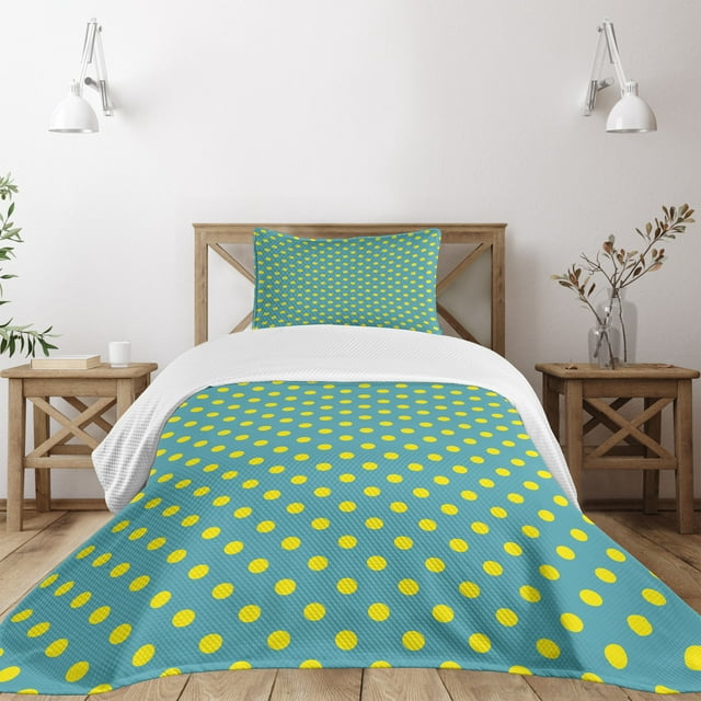 Ambesonne Yellow and Blue Quilted Bedspread Set 2 Pcs, Nostalgic Dots, Twin Size, Teal Yellow
