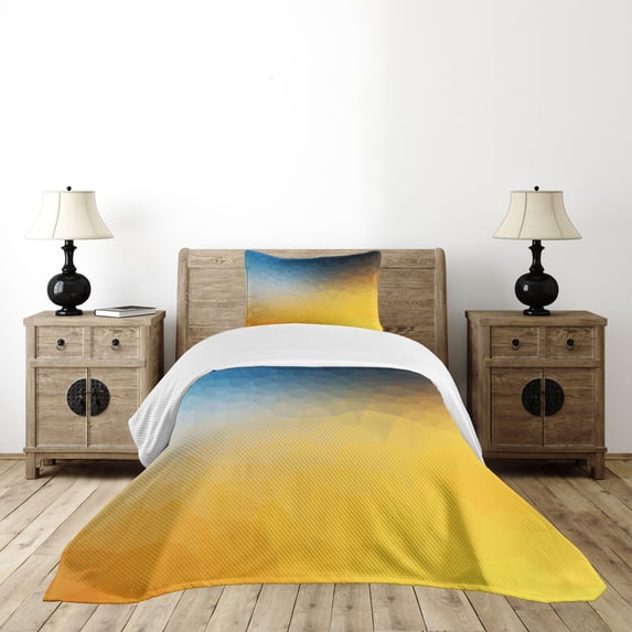 Ambesonne Yellow and Blue Quilted Bedspread Set 2 Pcs, Polygon Fractal, Twin Size, Slate Blue Marigold