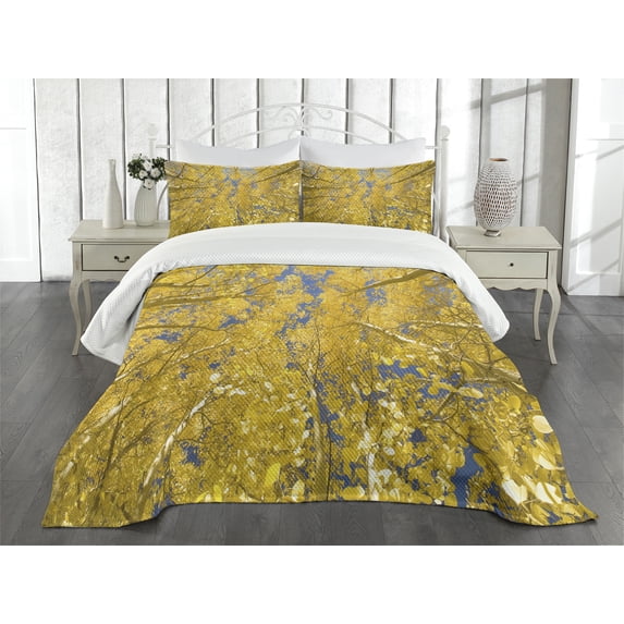 Ambesonne Yellow and Blue Quilted Bedspread Set 3 Pcs, Aspen Trees, King Size, Yellow