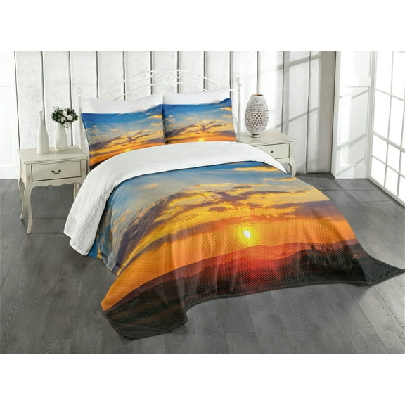 Ambesonne Yellow and Blue Quilted Bedspread Set 3 Pcs, Dramatic Sunset, King Size, Orange Blue