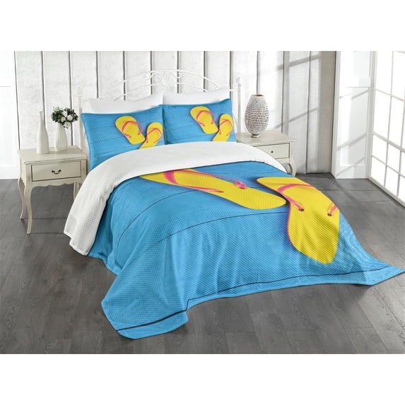 Ambesonne Yellow and Blue Quilted Bedspread Set 3 Pcs, Flip Flops Pier, Queen Size, Sky Blue Yellow Pink