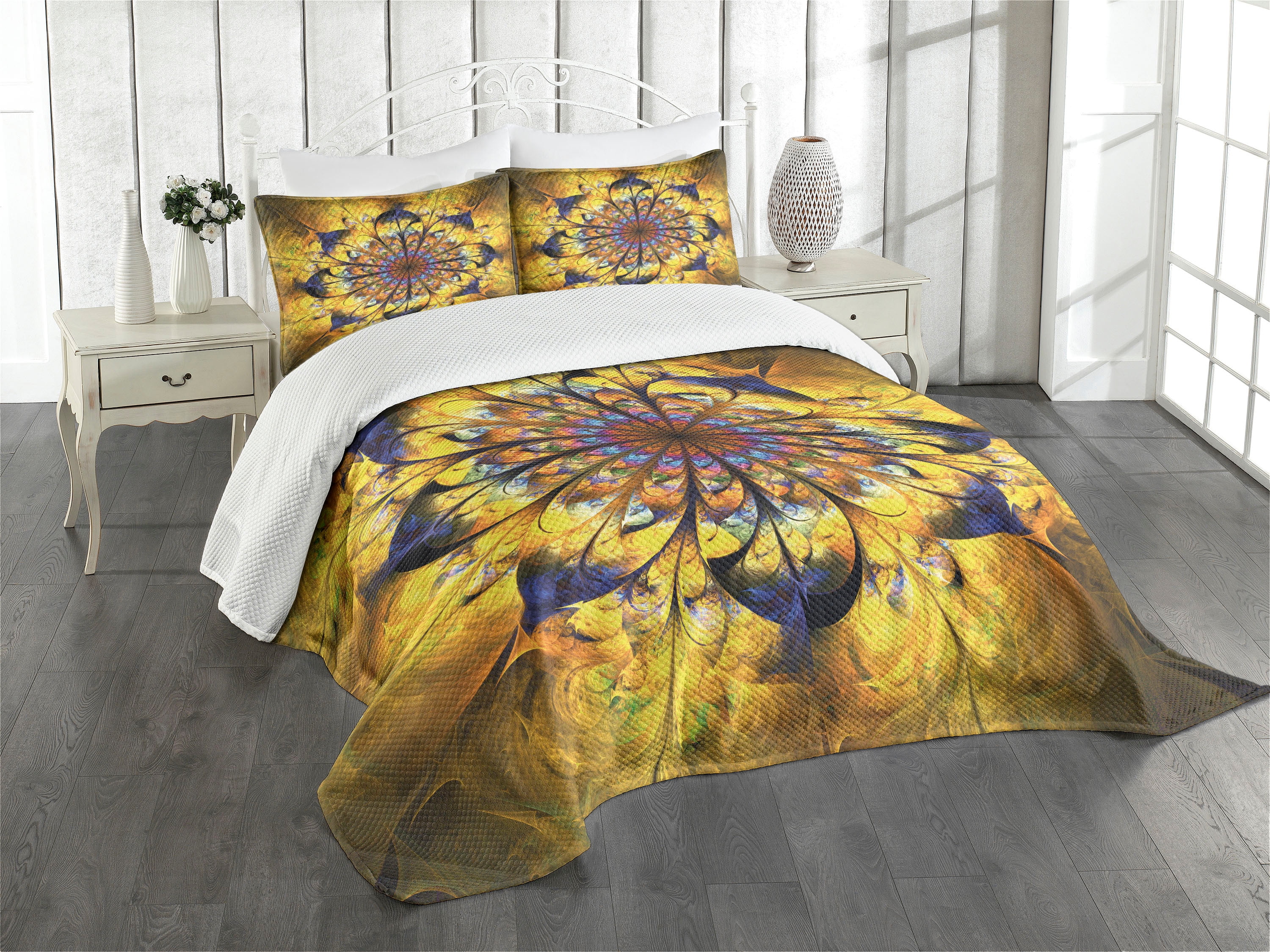 Blue King Size Polyester Bedspread Set with Mandala Design