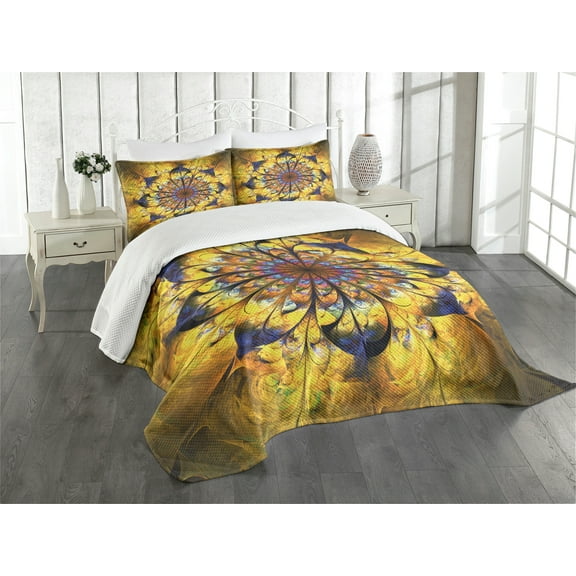 Ambesonne Yellow and Blue Quilted Bedspread Set 3 Pcs, Mandala, Queen Size, Multicolor